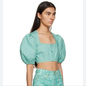 Ganni Floral Printed Puff Sleeve Crop Top Poplin Drapey Melange Size 32/XS NWT